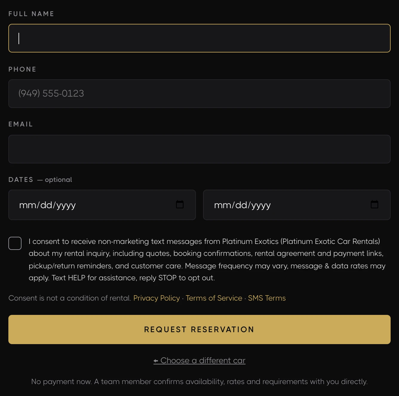 Booking form with the SMS consent checkbox unchecked
