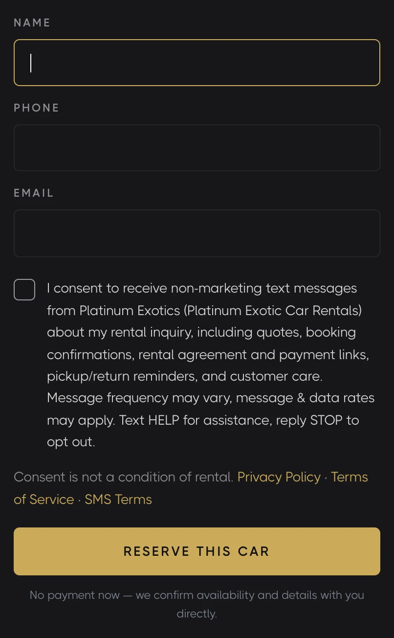 Car page reserve form with the SMS consent checkbox unchecked