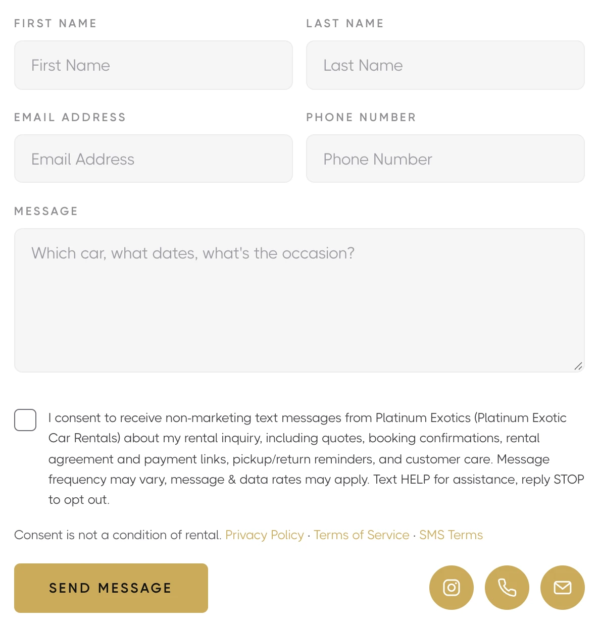 Contact form with the SMS consent checkbox unchecked
