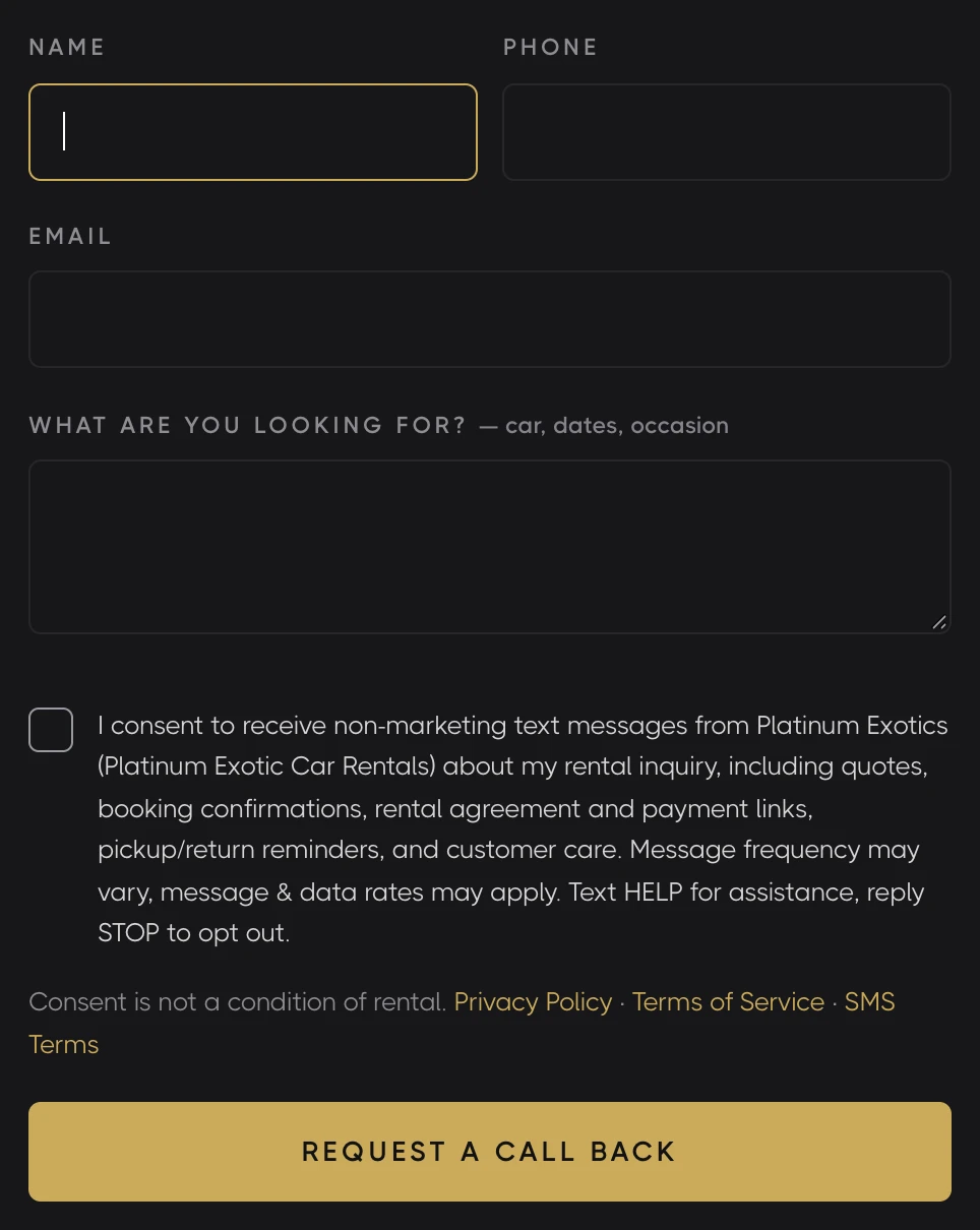 Homepage callback form with the SMS consent checkbox unchecked